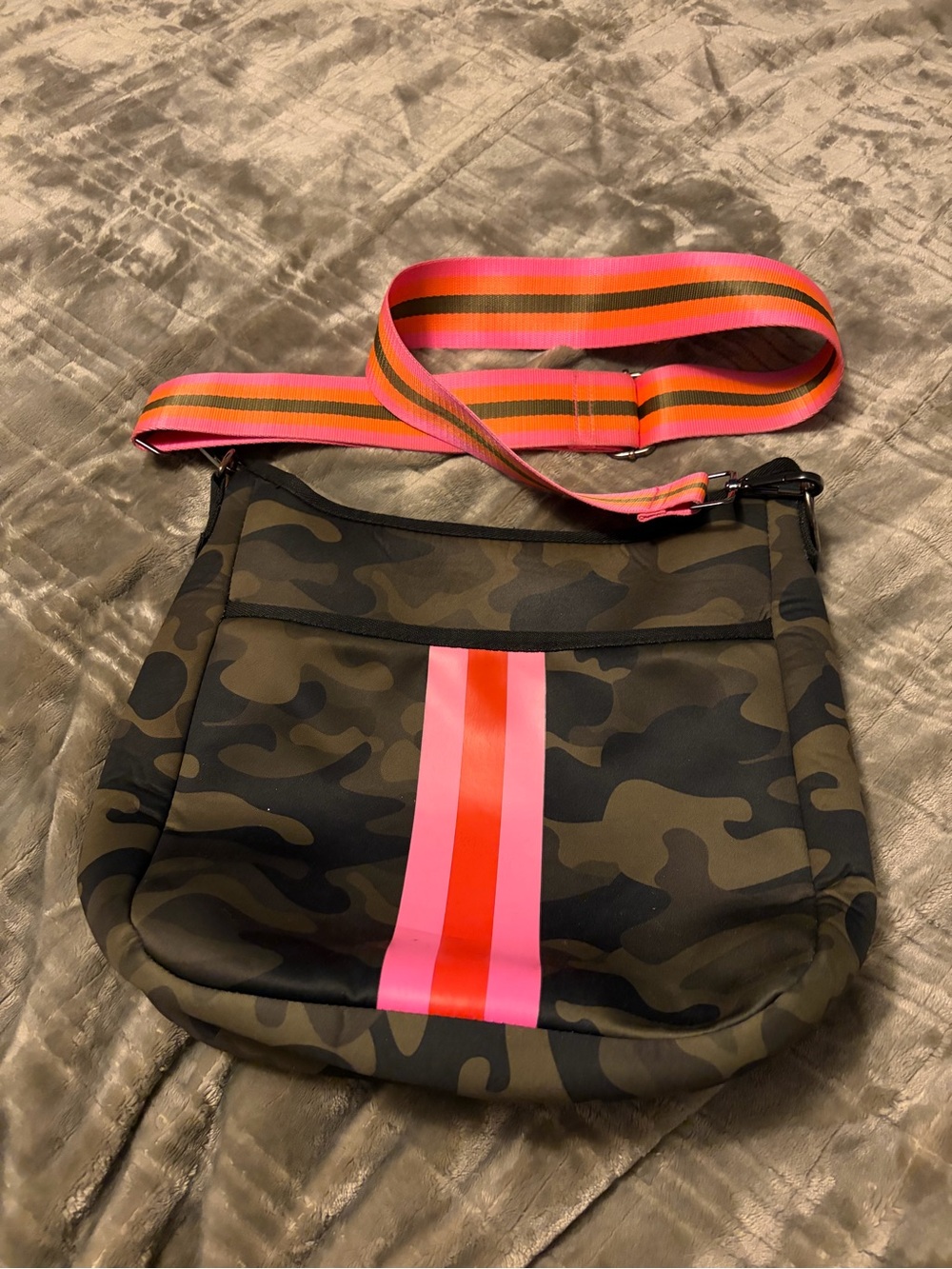 Haute Shore Camouflage Crossbody Bag with Orange and Pink Stripes